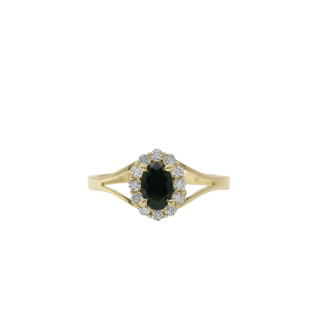 14KT Gold Ring Women's Mini Oval Black Center CZ Stone with Round White CZ Stones Border and Plain Split Band