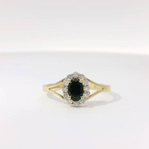 14KT Gold Ring Women's Mini Oval Black Center CZ Stone with Round White CZ Stones Border and Plain Split Band