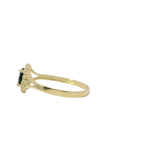 14KT Gold Ring Women's Mini Oval Black Center CZ Stone with Round White CZ Stones Border and Plain Split Band