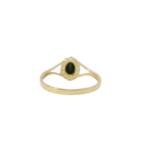 14KT Gold Ring Women's Mini Oval Black Center CZ Stone with Round White CZ Stones Border and Plain Split Band