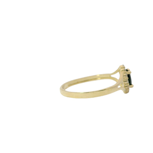 14KT Gold Ring Women's Mini Oval Black Center CZ Stone with Round White CZ Stones Border and Plain Split Band