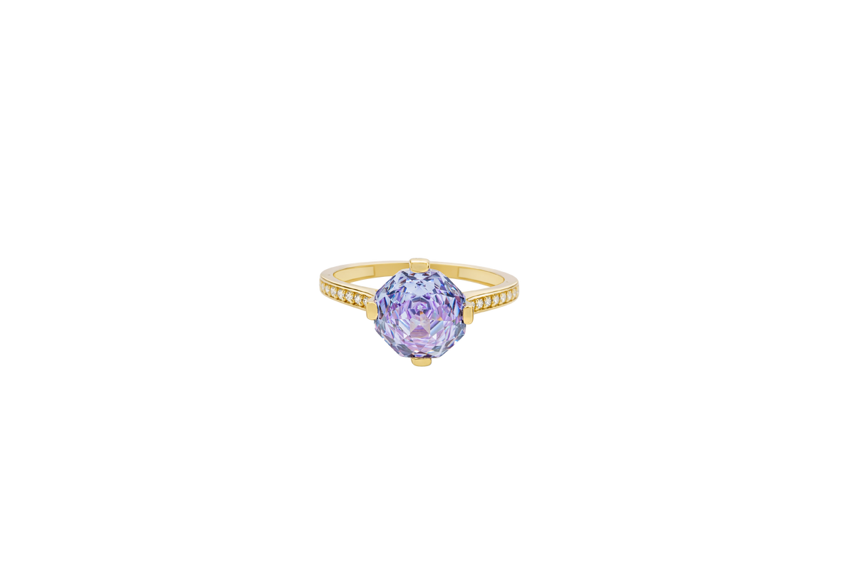 14KT Gold Ring Women's Octagon Rose Mini Four Prong Light Purple CZ Center Stone with Round White Pave CZ Stone Band