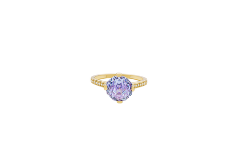 14KT Gold Ring Women's Octagon Rose Mini Four Prong Light Purple CZ Center Stone with Round White Pave CZ Stone Band
