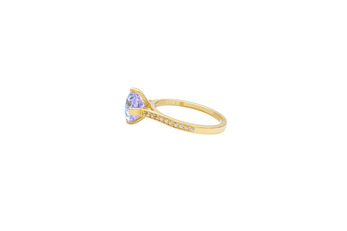 14KT Gold Ring Women's Octagon Rose Mini Four Prong Light Purple CZ Center Stone with Round White Pave CZ Stone Band