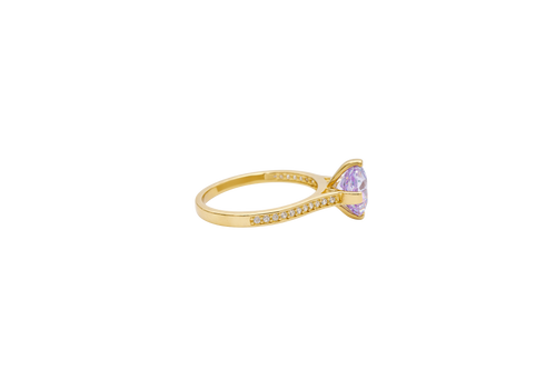 14KT Gold Ring Women's Octagon Rose Mini Four Prong Light Purple CZ Center Stone with Round White Pave CZ Stone Band