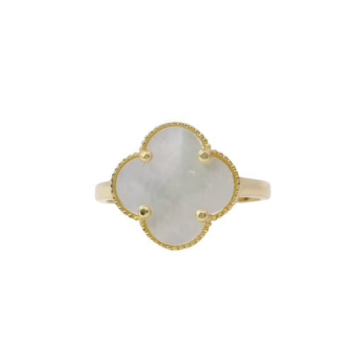 14KT Gold Ring Women's Medium Pearl Clover with Plain Outline and Band