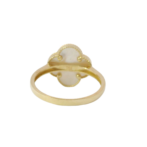 14KT Gold Ring Women's Medium Pearl Clover with Plain Outline and Band