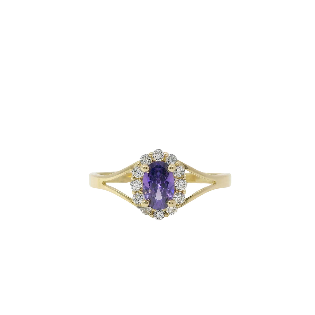 14KT Gold Ring Women's Mini Oval Purple Center CZ Stone with Round White CZ Stones Border and Plain Split Band