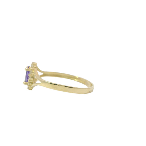 14KT Gold Ring Women's Mini Oval Purple Center CZ Stone with Round White CZ Stones Border and Plain Split Band