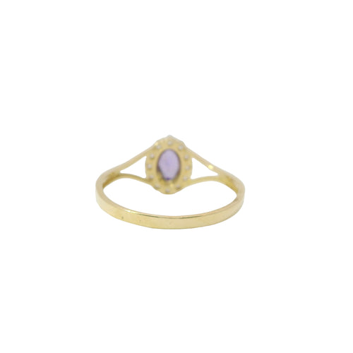 14KT Gold Ring Women's Mini Oval Purple Center CZ Stone with Round White CZ Stones Border and Plain Split Band