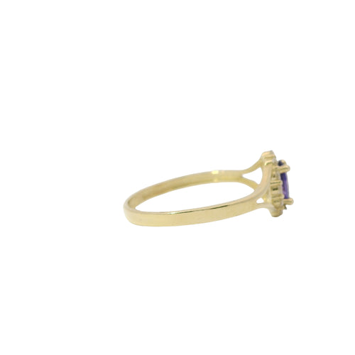 14KT Gold Ring Women's Mini Oval Purple Center CZ Stone with Round White CZ Stones Border and Plain Split Band