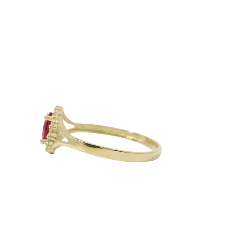14KT Gold Ring Women's Mini Oval Red Center CZ Stone with Round White CZ Stones Border and Plain Split Band