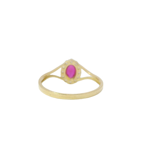 14KT Gold Ring Women's Mini Oval Red Center CZ Stone with Round White CZ Stones Border and Plain Split Band