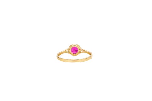 14KT Gold Ring Women's Mini Round Red Center CZ Stone with Round White CZ Stones Border and Mini Plain Double Split Band