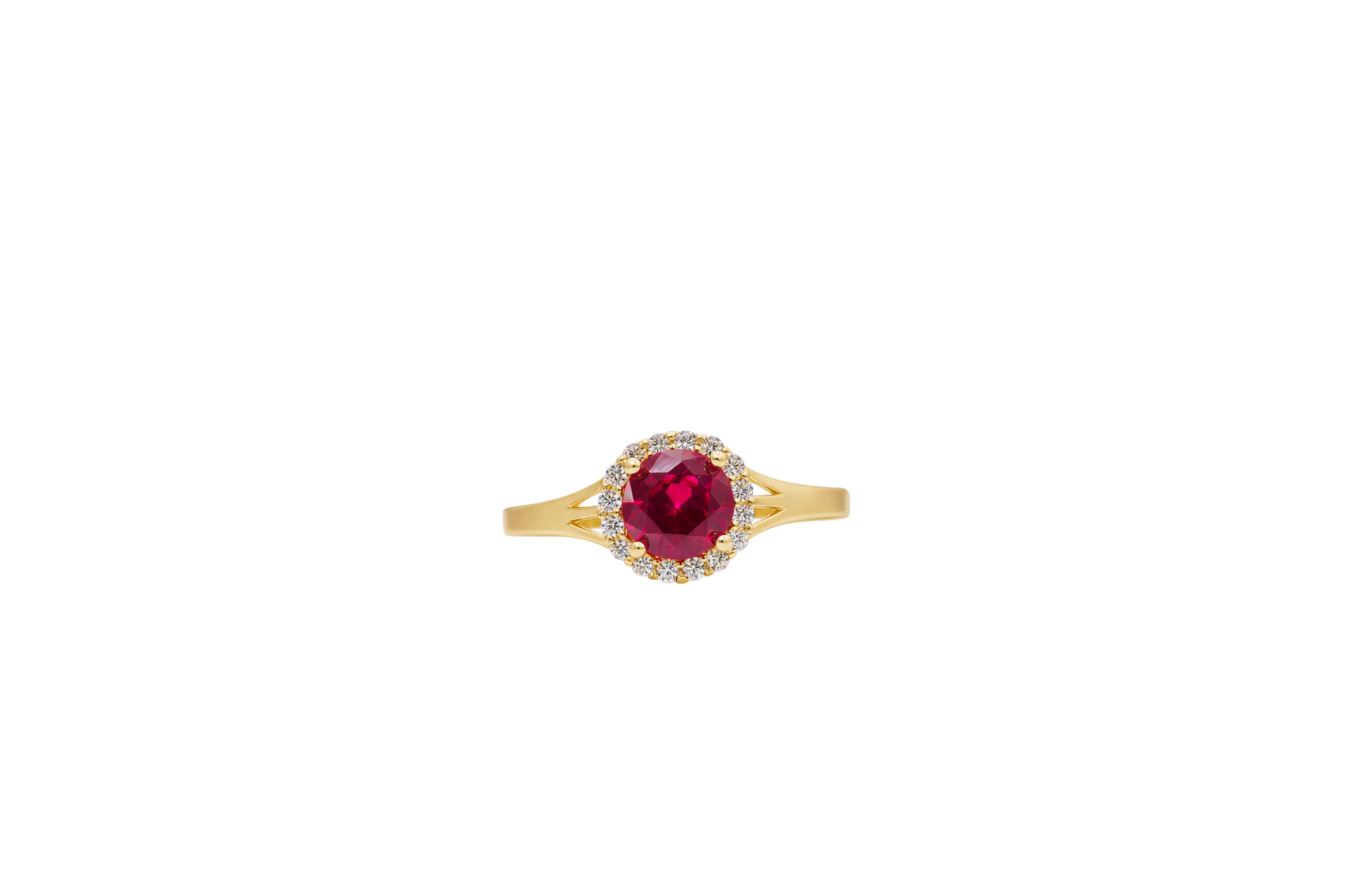 14KT Gold Ring Women's Mini Round Red Center CZ Stone with Round White CZ Stones Border and Mini Plain Double Split Band