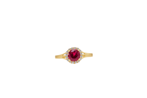 14KT Gold Ring Women's Mini Round Red Center CZ Stone with Round White CZ Stones Border and Mini Plain Double Split Band