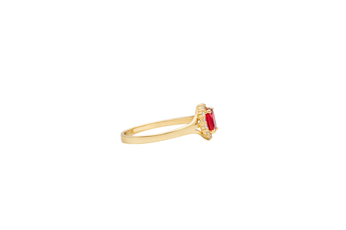 14KT Gold Ring Women's Mini Round Red Center CZ Stone with Round White CZ Stones Border and Mini Plain Double Split Band