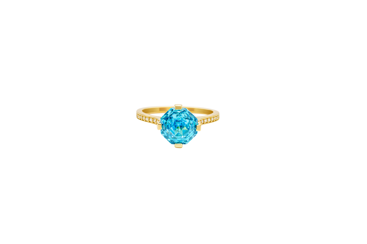 14KT Gold Ring Women's Octagon Rose Mini Four Prong Turquoise CZ Center Stone with Round White Pave CZ Stone Band