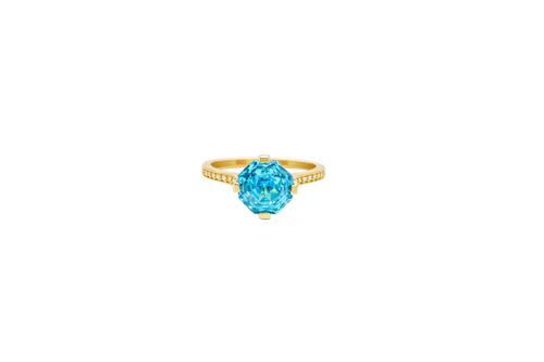 14KT Gold Ring Women's Octagon Rose Mini Four Prong Turquoise CZ Center Stone with Round White Pave CZ Stone Band