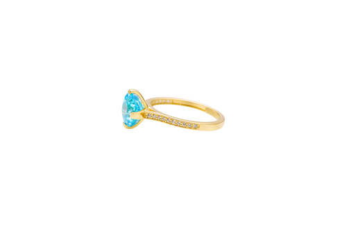 14KT Gold Ring Women's Octagon Rose Mini Four Prong Turquoise CZ Center Stone with Round White Pave CZ Stone Band