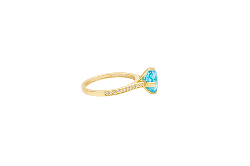 14KT Gold Ring Women's Octagon Rose Mini Four Prong Turquoise CZ Center Stone with Round White Pave CZ Stone Band