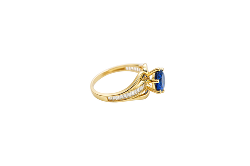 14KT Gold Ring Women's Navy Blue Round 6 Prong Center CZ with White Baguette CZ Band and Plain Lips Border