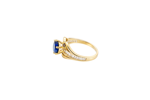 14KT Gold Ring Women's Navy Blue Round 6 Prong Center CZ with White Baguette CZ Band and Plain Lips Border