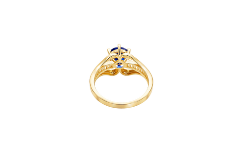 14KT Gold Ring Women's Navy Blue Round 6 Prong Center CZ with White Baguette CZ Band and Plain Lips Border