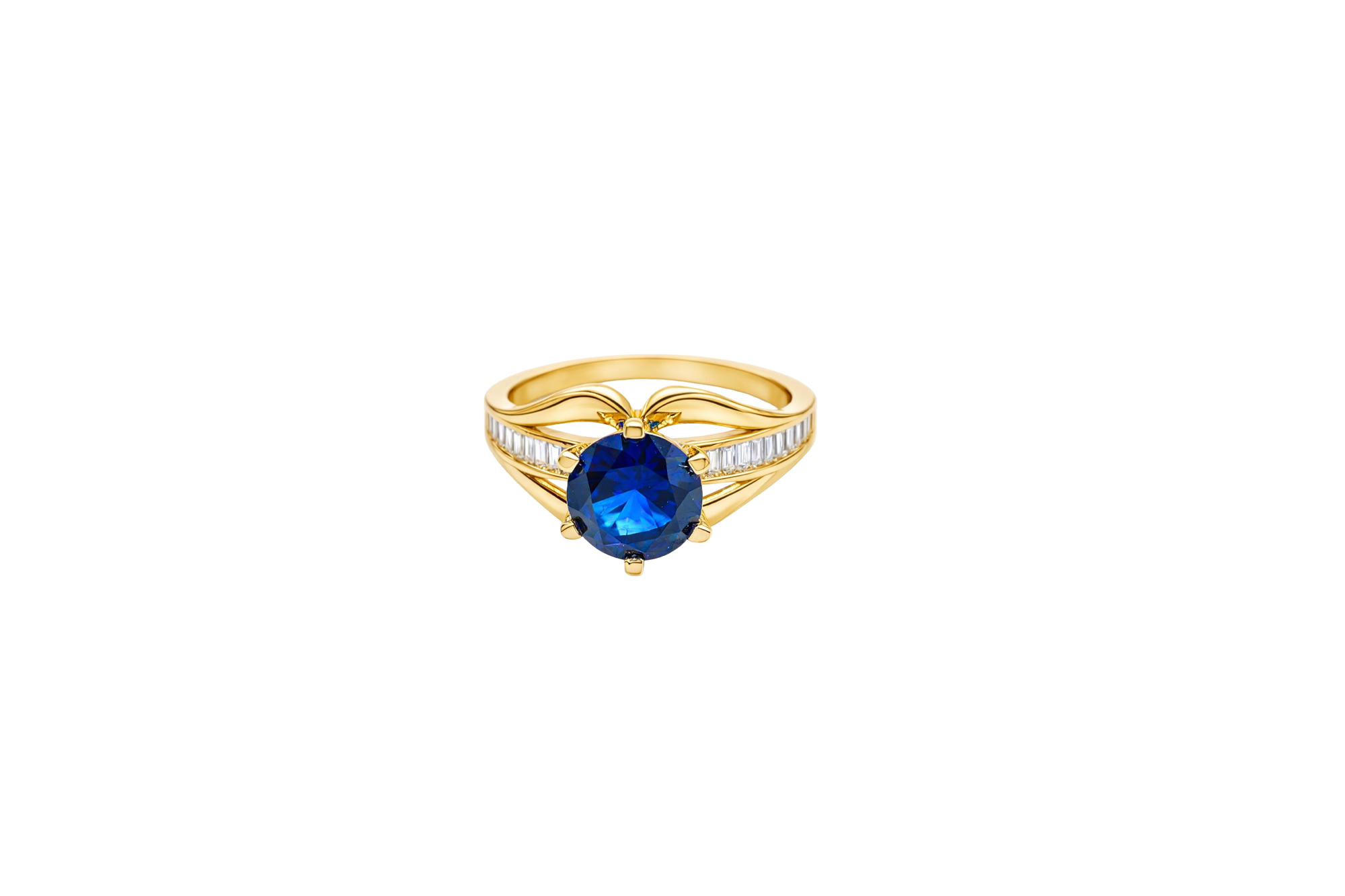 14KT Gold Ring Women's Navy Blue Round 6 Prong Center CZ with White Baguette CZ Band and Plain Lips Border