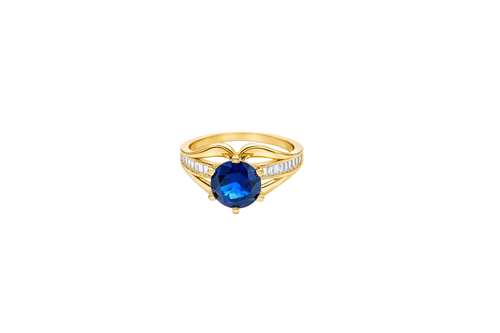 14KT Gold Ring Women's Navy Blue Round 6 Prong Center CZ with White Baguette CZ Band and Plain Lips Border