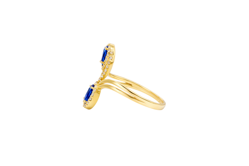 14KT Gold Ring Women's Navy Blue Bypass with Pear Shape Ends and White CZ Stone Border