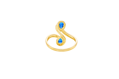 14KT Gold Ring Women's Navy Blue Bypass with Pear Shape Ends and White CZ Stone Border