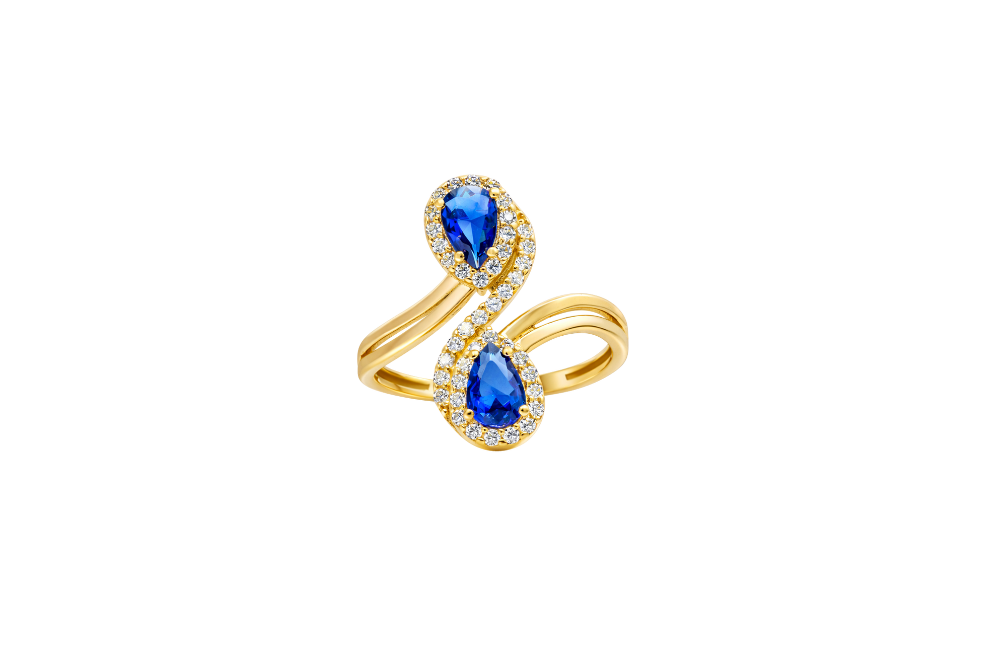 14KT Gold Ring Women's Navy Blue Bypass with Pear Shape Ends and White CZ Stone Border