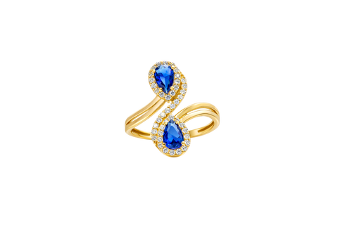 14KT Gold Ring Women's Navy Blue Bypass with Pear Shape Ends and White CZ Stone Border