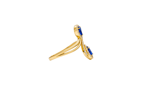 14KT Gold Ring Women's Navy Blue Bypass with Pear Shape Ends and White CZ Stone Border