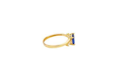 14KT Gold Ring Women's Navy Blue Oval Center CZ Stone with 3 High/Low Round White CZ Stones Shoulders and Plain Band