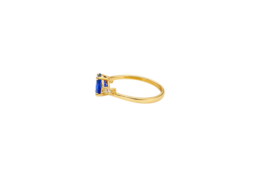 14KT Gold Ring Women's Navy Blue Oval Center CZ Stone with 3 High/Low Round White CZ Stones Shoulders and Plain Band