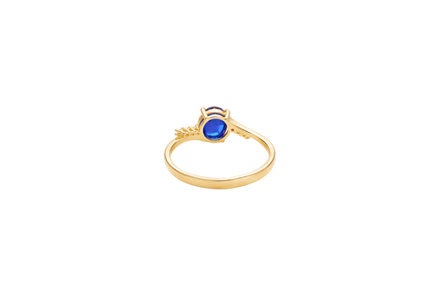 14KT Gold Ring Women's Navy Blue Oval Center CZ Stone with 3 High/Low Round White CZ Stones Shoulders and Plain Band