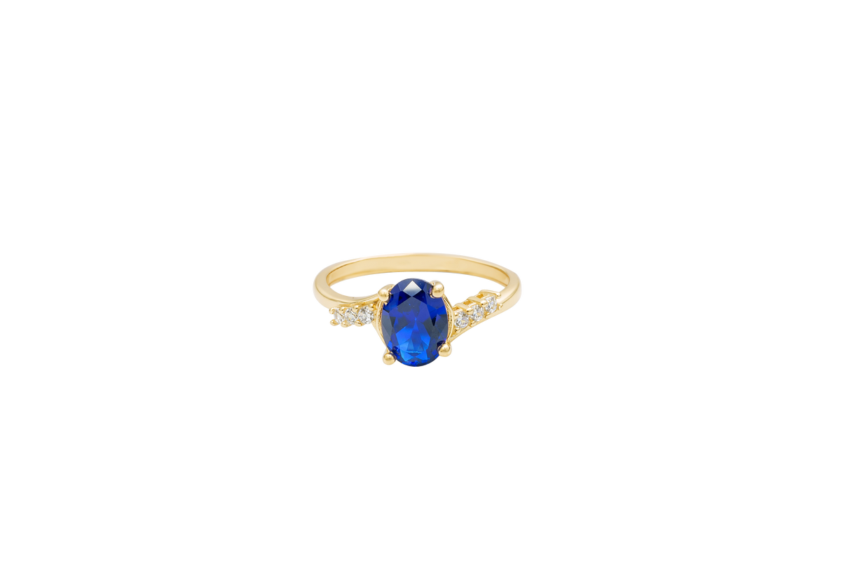 14KT Gold Ring Women's Navy Blue Oval Center CZ Stone with 3 High/Low Round White CZ Stones Shoulders and Plain Band