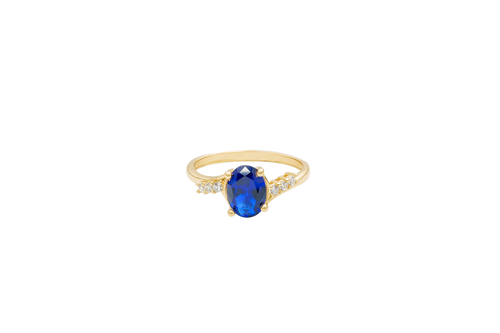 14KT Gold Ring Women's Navy Blue Oval Center CZ Stone with 3 High/Low Round White CZ Stones Shoulders and Plain Band