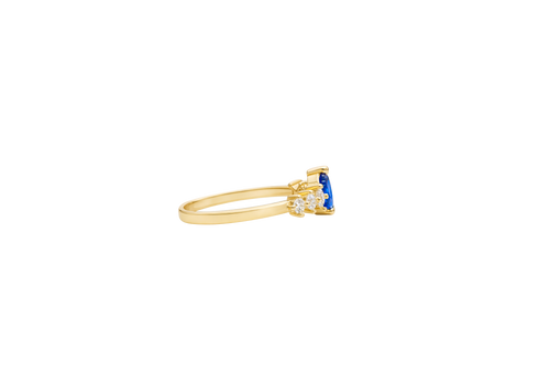 14KT Gold Ring Women's Navy Blue Pear CZ Center 3 Round White CZ Stones Shoulders Plain Band