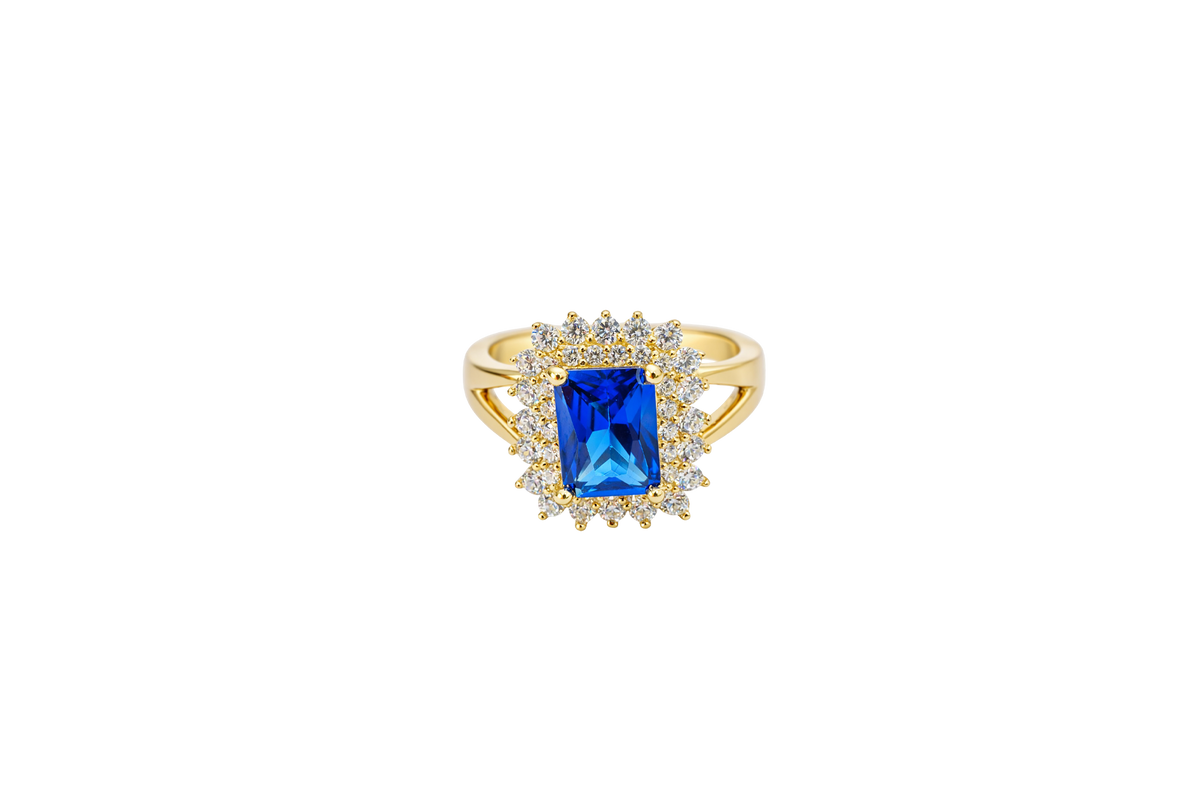 14KT Gold Women's Ring Navy Blue Rectangle Center CZ Stone Double White Round CZ Stones Border Plain Split Band