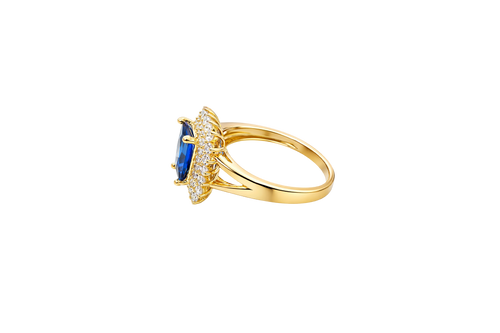 14KT Gold Women's Ring Navy Blue Rectangle Center CZ Stone Double White Round CZ Stones Border Plain Split Band