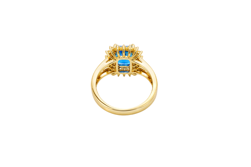 14KT Gold Women's Ring Navy Blue Rectangle Center CZ Stone Double White Round CZ Stones Border Plain Split Band