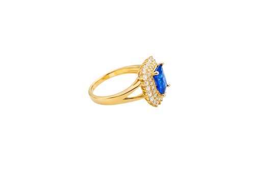 14KT Gold Women's Ring Navy Blue Rectangle Center CZ Stone Double White Round CZ Stones Border Plain Split Band
