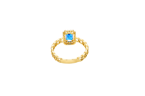14KT Gold Ring Women's Navy Blue Rectangle Center Stone with White CZ Stone Border and Chino Link Band