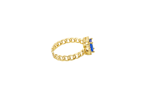 14KT Gold Ring Women's Navy Blue Rectangle Center Stone with White CZ Stone Border and Chino Link Band