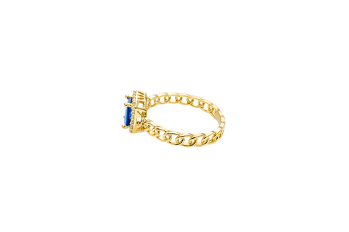 14KT Gold Ring Women's Navy Blue Rectangle Center Stone with White CZ Stone Border and Chino Link Band