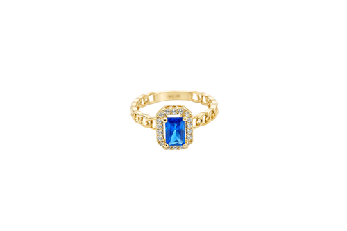14KT Gold Ring Women's Navy Blue Rectangle Center Stone with White CZ Stone Border and Chino Link Band