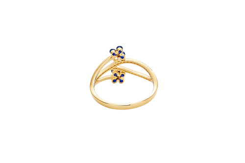 14KT Gold Ring Women's Navy Blue Round 4 Petal Flower White CZ Stones Split Band